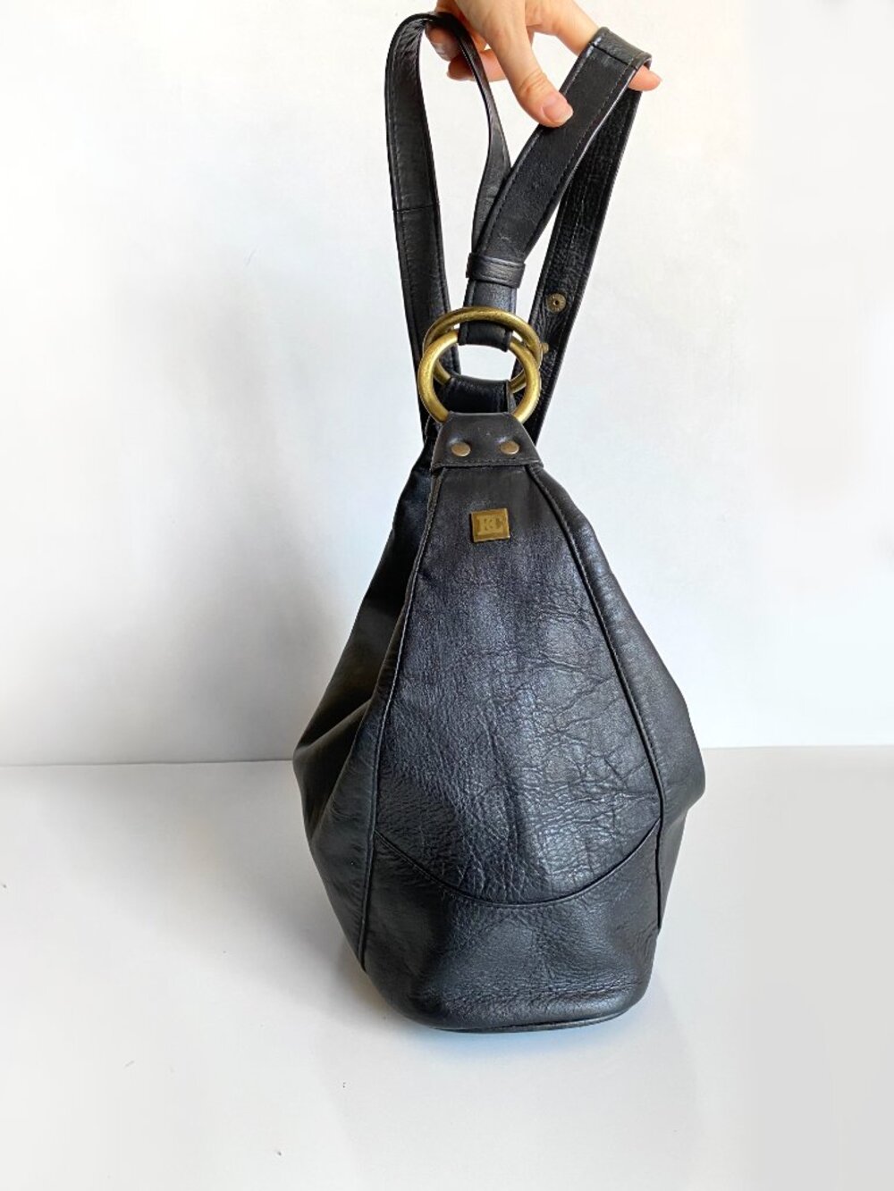 Vintage BC Black Convertible Leather Hobo Bag Shoulder, Backpack Boho - Picture 8 of 15